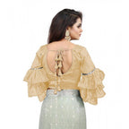 Generic Women's Organza Solid V Neck Layered Ruffle Sleeve Readymade Blouse (Beige Free Size , up to 38â€“40 Bust)-PID65847