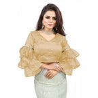 Generic Women's Organza Solid V Neck Layered Ruffle Sleeve Readymade Blouse (Beige Free Size , up to 38â€“40 Bust)-PID65847
