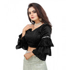 Generic Women's Organza Solid V Neck Layered Ruffle Sleeve Readymade Blouse (Black Free Size , up to 38â€“40 Bust)-PID65848