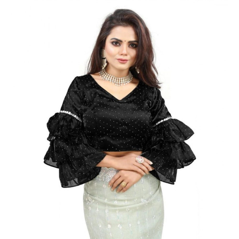 Generic Women's Organza Solid V Neck Layered Ruffle Sleeve Readymade Blouse (Black Free Size , up to 38â€“40 Bust)-PID65848