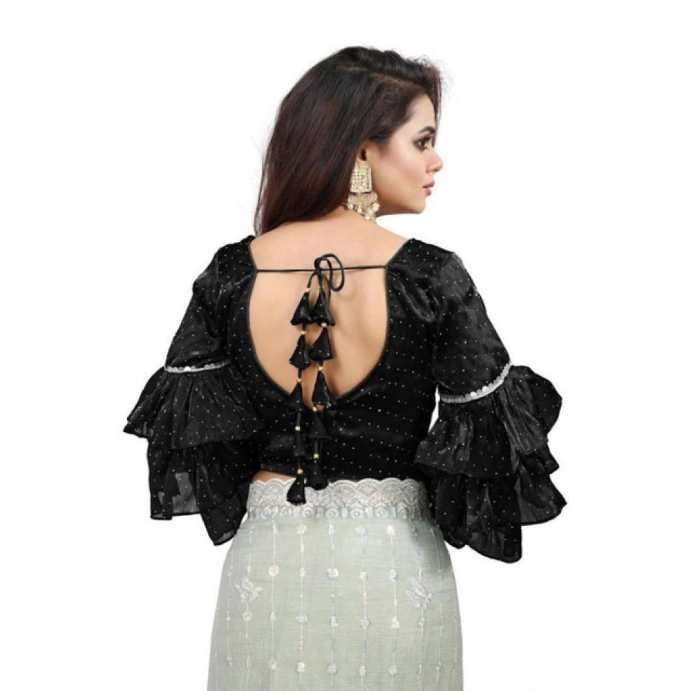 Generic Women's Organza Solid V Neck Layered Ruffle Sleeve Readymade Blouse (Black Free Size , up to 38â€“40 Bust)-PID65848