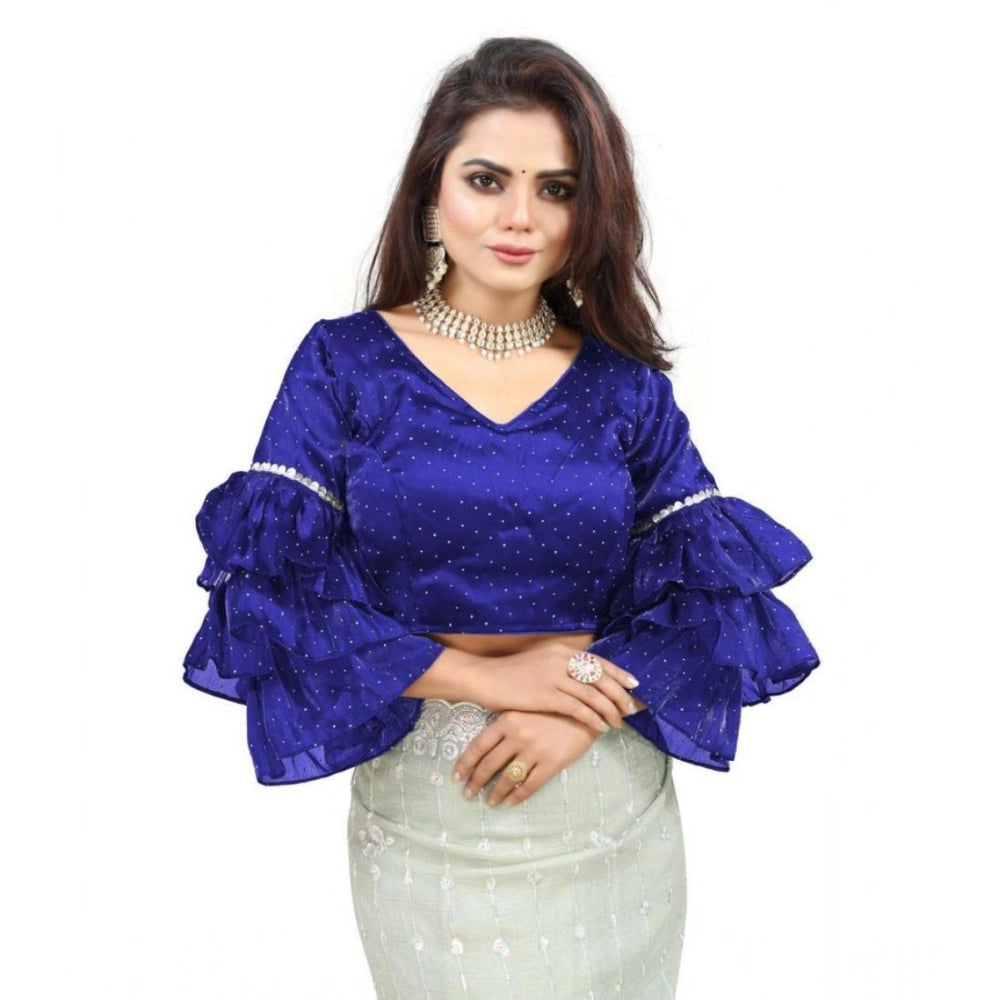 Generic Women's Organza Solid V Neck Layered Ruffle Sleeve Readymade Blouse (Blue Free Size , up to 38â€“40 Bust)-PID65849