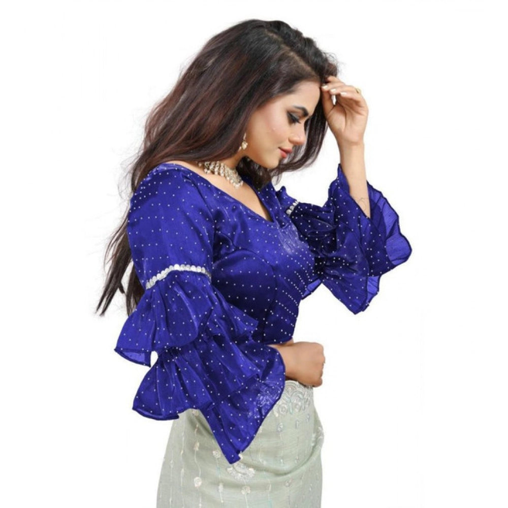 Generic Women's Organza Solid V Neck Layered Ruffle Sleeve Readymade Blouse (Blue Free Size , up to 38â€“40 Bust)-PID65849