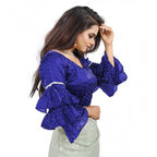 Generic Women's Organza Solid V Neck Layered Ruffle Sleeve Readymade Blouse (Blue Free Size , up to 38â€“40 Bust)-PID65849