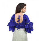Generic Women's Organza Solid V Neck Layered Ruffle Sleeve Readymade Blouse (Blue Free Size , up to 38â€“40 Bust)-PID65849