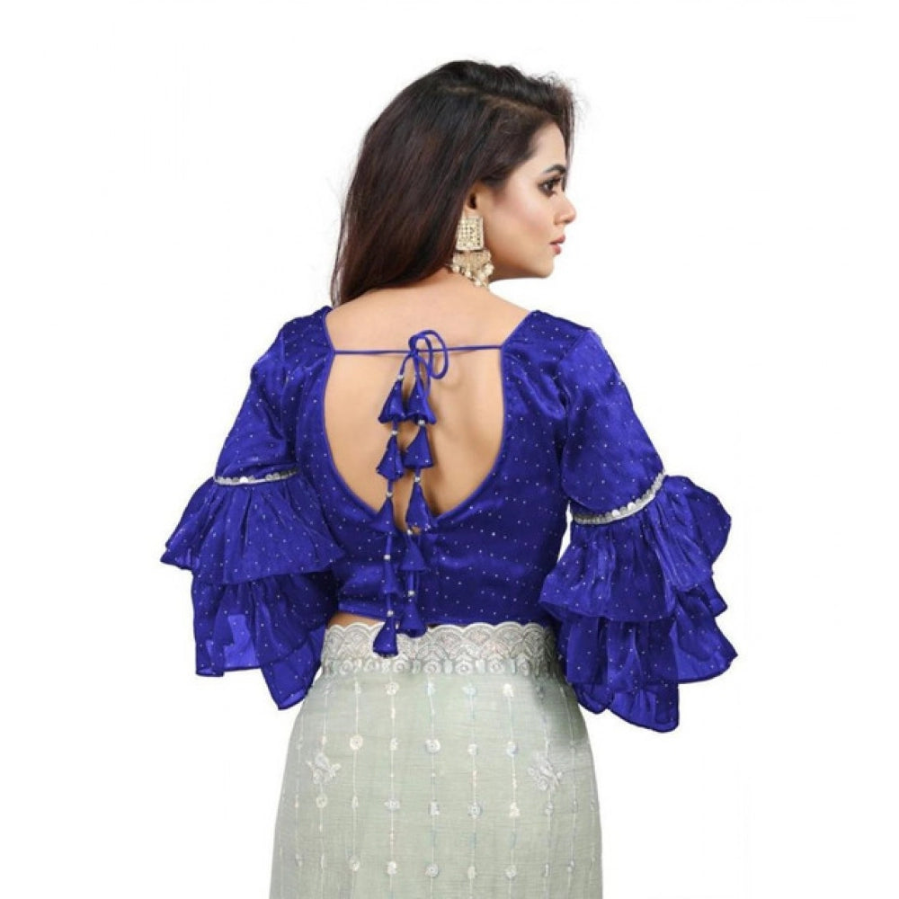 Generic Women's Organza Solid V Neck Layered Ruffle Sleeve Readymade Blouse (Blue Free Size , up to 38â€“40 Bust)-PID65849
