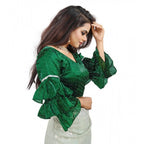 Generic Women's Organza Solid V Neck Layered Ruffle Sleeve Readymade Blouse (Green Free Size , up to 38â€“40 Bust)-PID65850