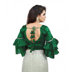 Generic Women's Organza Solid V Neck Layered Ruffle Sleeve Readymade Blouse (Green Free Size , up to 38â€“40 Bust)-PID65850