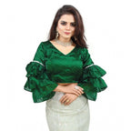 Generic Women's Organza Solid V Neck Layered Ruffle Sleeve Readymade Blouse (Green Free Size , up to 38â€“40 Bust)-PID65850