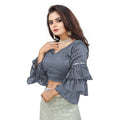  Women's Organza Solid V Neck Layered Ruffle Sleeve Readymade Blouse (Grey Free Size , up to 38â€“40 Bust)-PID65851