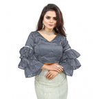 Generic Women's Organza Solid V Neck Layered Ruffle Sleeve Readymade Blouse (Grey Free Size , up to 38â€“40 Bust)-PID65851