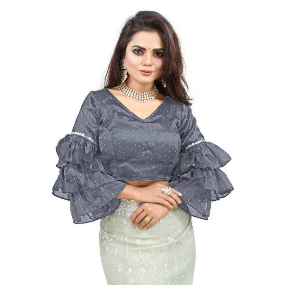 Generic Women's Organza Solid V Neck Layered Ruffle Sleeve Readymade Blouse (Grey Free Size , up to 38â€“40 Bust)-PID65851