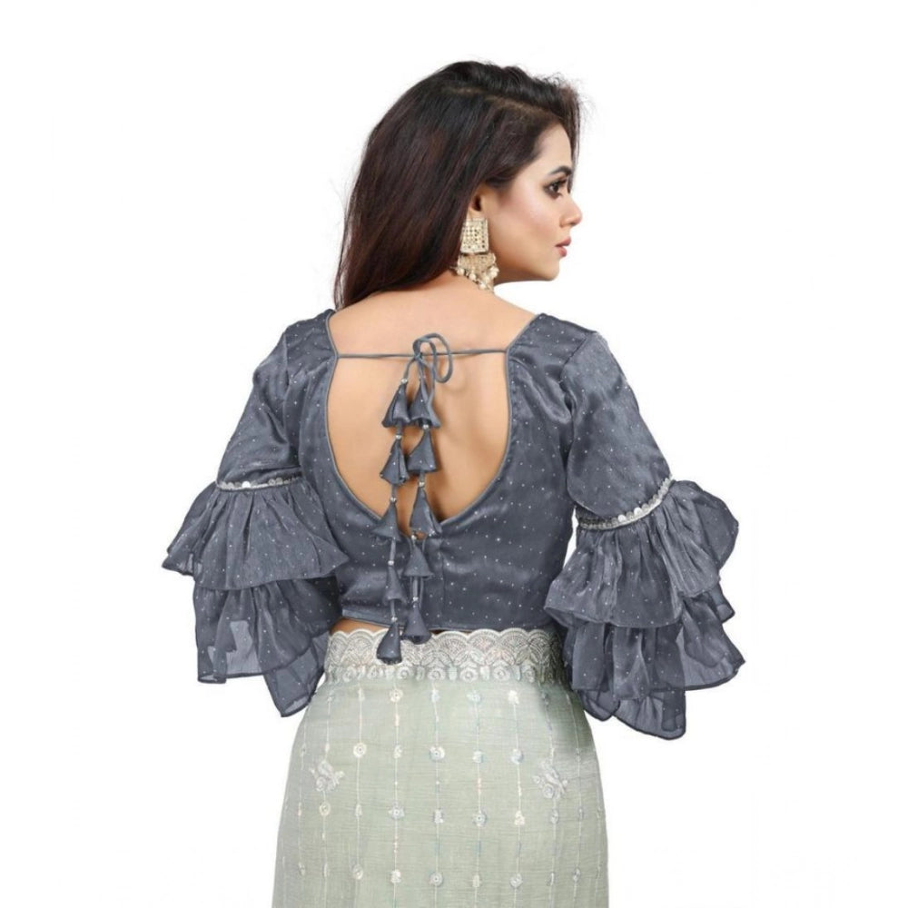 Generic Women's Organza Solid V Neck Layered Ruffle Sleeve Readymade Blouse (Grey Free Size , up to 38â€“40 Bust)-PID65851