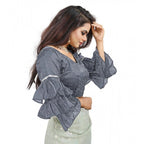 Generic Women's Organza Solid V Neck Layered Ruffle Sleeve Readymade Blouse (Grey Free Size , up to 38â€“40 Bust)-PID65851