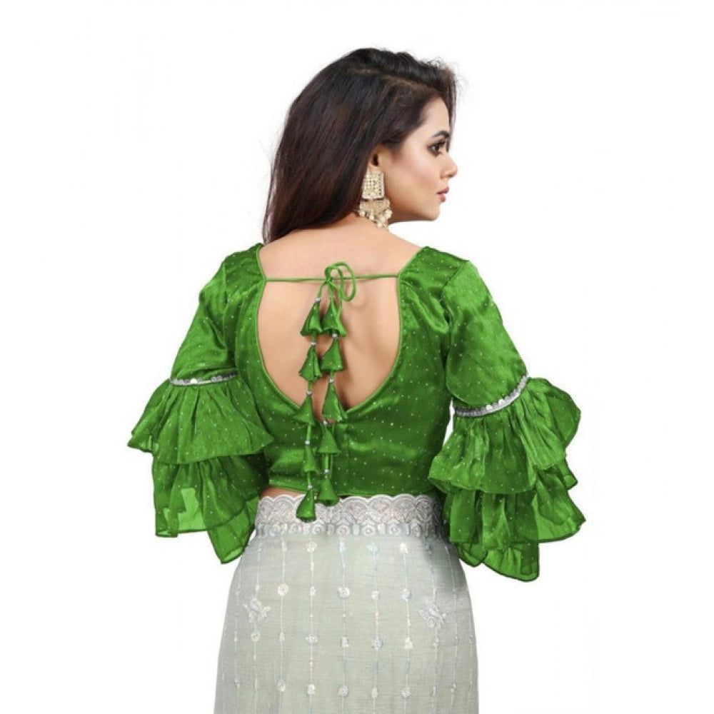 Generic Women's Organza Solid V Neck Layered Ruffle Sleeve Readymade Blouse (Light Green Free Size , up to 38â€“40 Bust)-PID65852