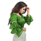 Generic Women's Organza Solid V Neck Layered Ruffle Sleeve Readymade Blouse (Light Green Free Size , up to 38â€“40 Bust)-PID65852