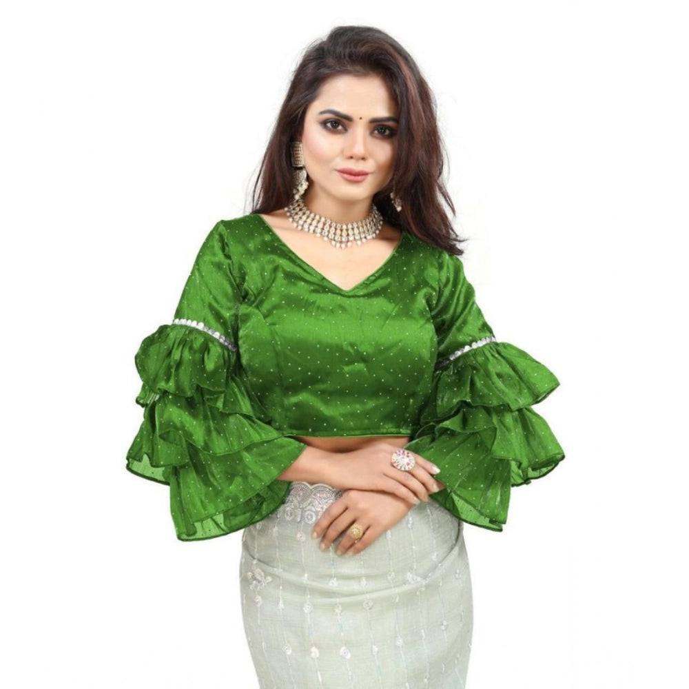 Generic Women's Organza Solid V Neck Layered Ruffle Sleeve Readymade Blouse (Light Green Free Size , up to 38â€“40 Bust)-PID65852