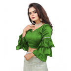 Generic Women's Organza Solid V Neck Layered Ruffle Sleeve Readymade Blouse (Light Green Free Size , up to 38â€“40 Bust)-PID65852