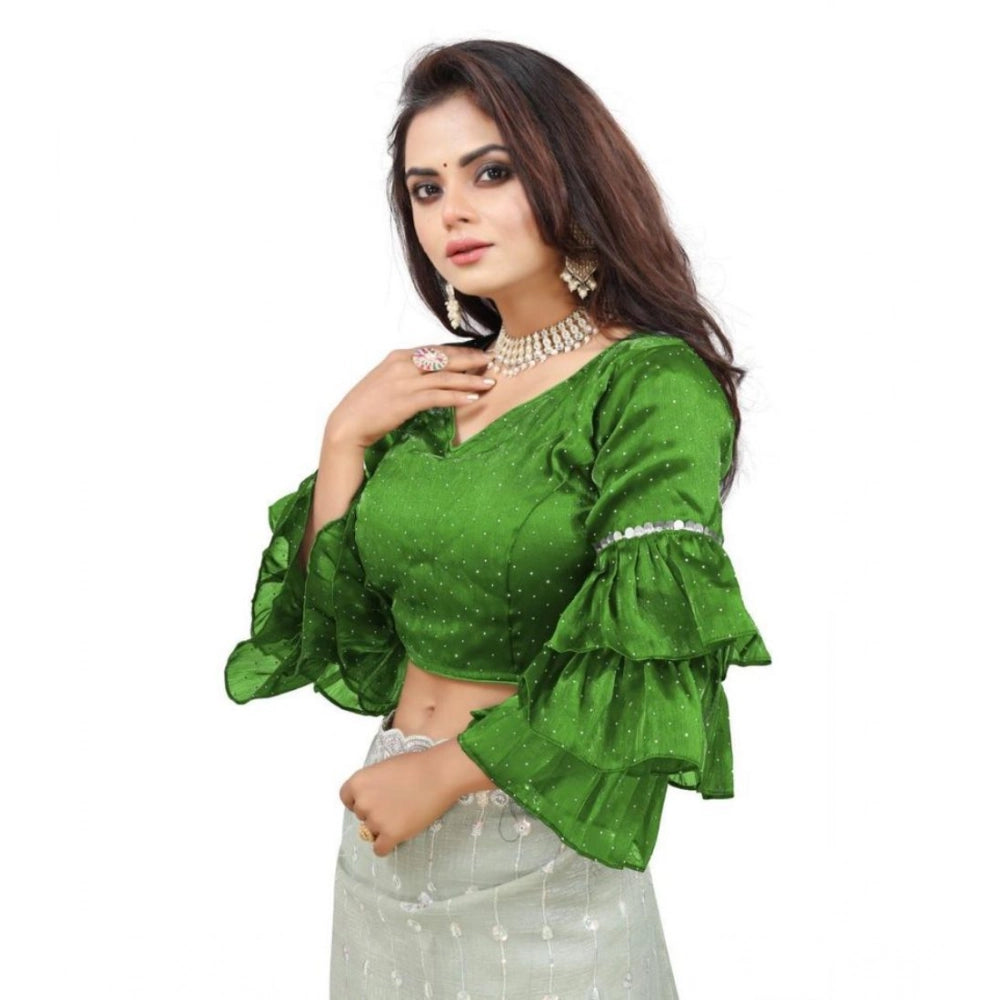 Generic Women's Organza Solid V Neck Layered Ruffle Sleeve Readymade Blouse (Light Green Free Size , up to 38â€“40 Bust)-PID65852