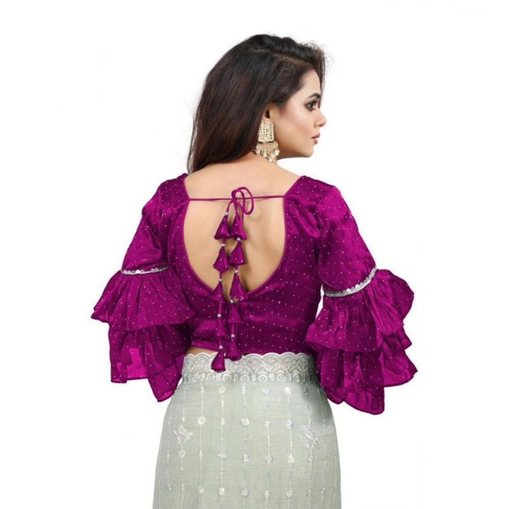 Generic Women's Organza Solid V Neck Layered Ruffle Sleeve Readymade Blouse (Magenta Free Size , up to 38â€“40 Bust)-PID65853