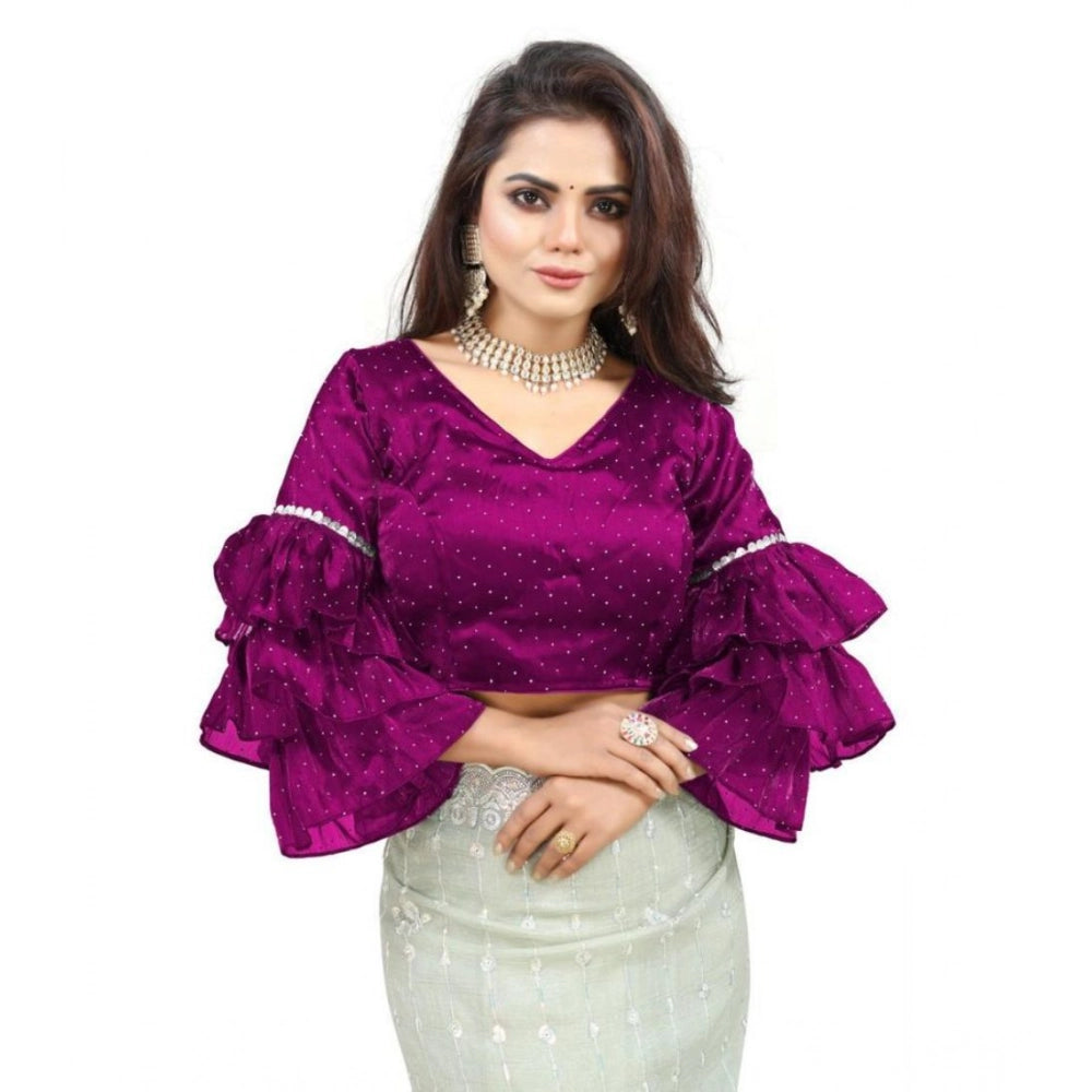 Generic Women's Organza Solid V Neck Layered Ruffle Sleeve Readymade Blouse (Magenta Free Size , up to 38â€“40 Bust)-PID65853