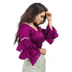 Generic Women's Organza Solid V Neck Layered Ruffle Sleeve Readymade Blouse (Magenta Free Size , up to 38â€“40 Bust)-PID65853