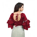 Generic Women's Organza Solid V Neck Layered Ruffle Sleeve Readymade Blouse (Maroon Free Size , up to 38â€“40 Bust)-PID65854