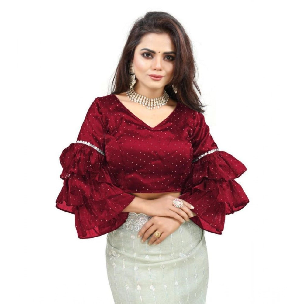 Generic Women's Organza Solid V Neck Layered Ruffle Sleeve Readymade Blouse (Maroon Free Size , up to 38â€“40 Bust)-PID65854