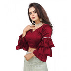 Generic Women's Organza Solid V Neck Layered Ruffle Sleeve Readymade Blouse (Maroon Free Size , up to 38â€“40 Bust)-PID65854