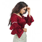 Generic Women's Organza Solid V Neck Layered Ruffle Sleeve Readymade Blouse (Maroon Free Size , up to 38â€“40 Bust)-PID65854