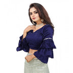 Generic Women's Organza Solid V Neck Layered Ruffle Sleeve Readymade Blouse (Navy Free Size , up to 38â€“40 Bust)-PID65855