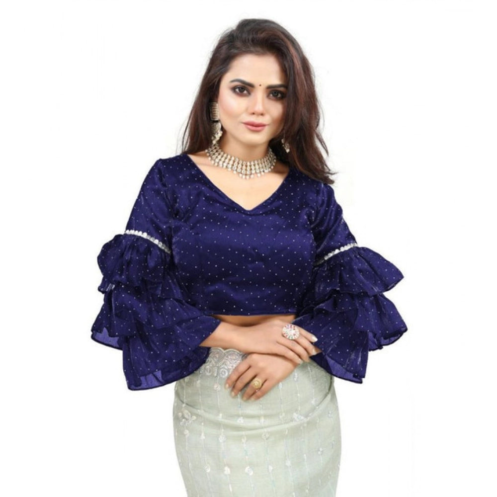Generic Women's Organza Solid V Neck Layered Ruffle Sleeve Readymade Blouse (Navy Free Size , up to 38â€“40 Bust)-PID65855