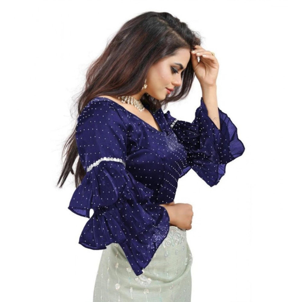 Generic Women's Organza Solid V Neck Layered Ruffle Sleeve Readymade Blouse (Navy Free Size , up to 38â€“40 Bust)-PID65855