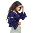 Generic Women's Organza Solid V Neck Layered Ruffle Sleeve Readymade Blouse (Navy Free Size , up to 38â€“40 Bust)-PID65855