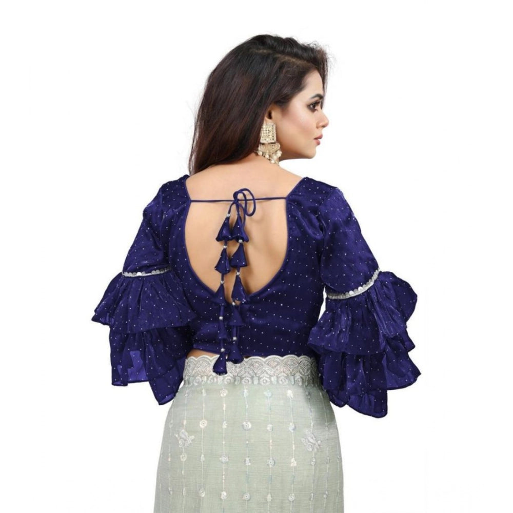 Generic Women's Organza Solid V Neck Layered Ruffle Sleeve Readymade Blouse (Navy Free Size , up to 38â€“40 Bust)-PID65855