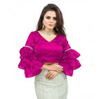 Generic Women's Organza Solid V Neck Layered Ruffle Sleeve Readymade Blouse (Pink Free Size , up to 38â€“40 Bust)-PID65856