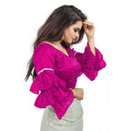 Generic Women's Organza Solid V Neck Layered Ruffle Sleeve Readymade Blouse (Pink Free Size , up to 38â€“40 Bust)-PID65856