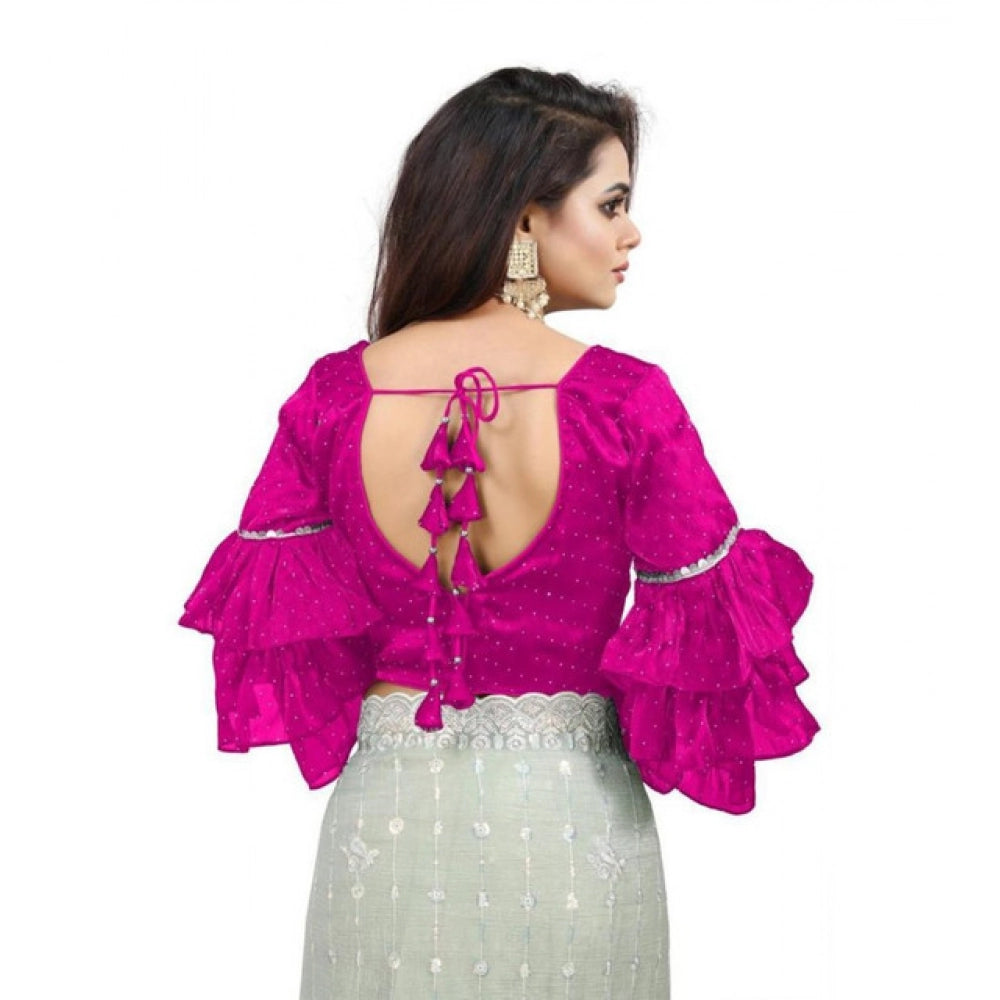 Generic Women's Organza Solid V Neck Layered Ruffle Sleeve Readymade Blouse (Pink Free Size , up to 38â€“40 Bust)-PID65856