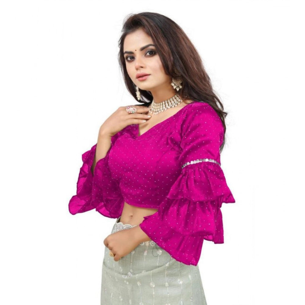 Generic Women's Organza Solid V Neck Layered Ruffle Sleeve Readymade Blouse (Pink Free Size , up to 38â€“40 Bust)-PID65856