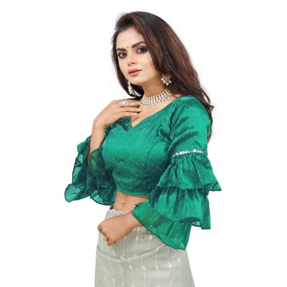 Generic Women's Organza Solid V Neck Layered Ruffle Sleeve Readymade Blouse (Rama Free Size , up to 38â€“40 Bust)-PID65857