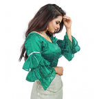 Generic Women's Organza Solid V Neck Layered Ruffle Sleeve Readymade Blouse (Rama Free Size , up to 38â€“40 Bust)-PID65857