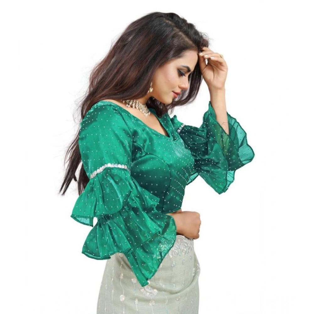 Generic Women's Organza Solid V Neck Layered Ruffle Sleeve Readymade Blouse (Rama Free Size , up to 38â€“40 Bust)-PID65857