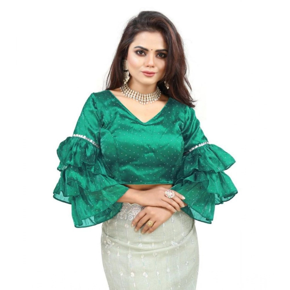 Generic Women's Organza Solid V Neck Layered Ruffle Sleeve Readymade Blouse (Rama Free Size , up to 38â€“40 Bust)-PID65857