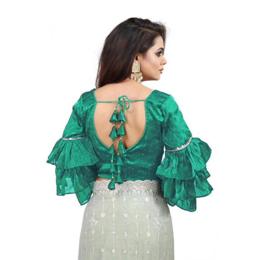 Generic Women's Organza Solid V Neck Layered Ruffle Sleeve Readymade Blouse (Rama Free Size , up to 38â€“40 Bust)-PID65857