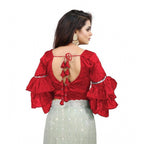 Generic Women's Organza Solid V Neck Layered Ruffle Sleeve Readymade Blouse (Red Free Size , up to 38â€“40 Bust)-PID65858