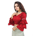  Women's Organza Solid V Neck Layered Ruffle Sleeve Readymade Blouse (Red Free Size , up to 38â€“40 Bust)-PID65858