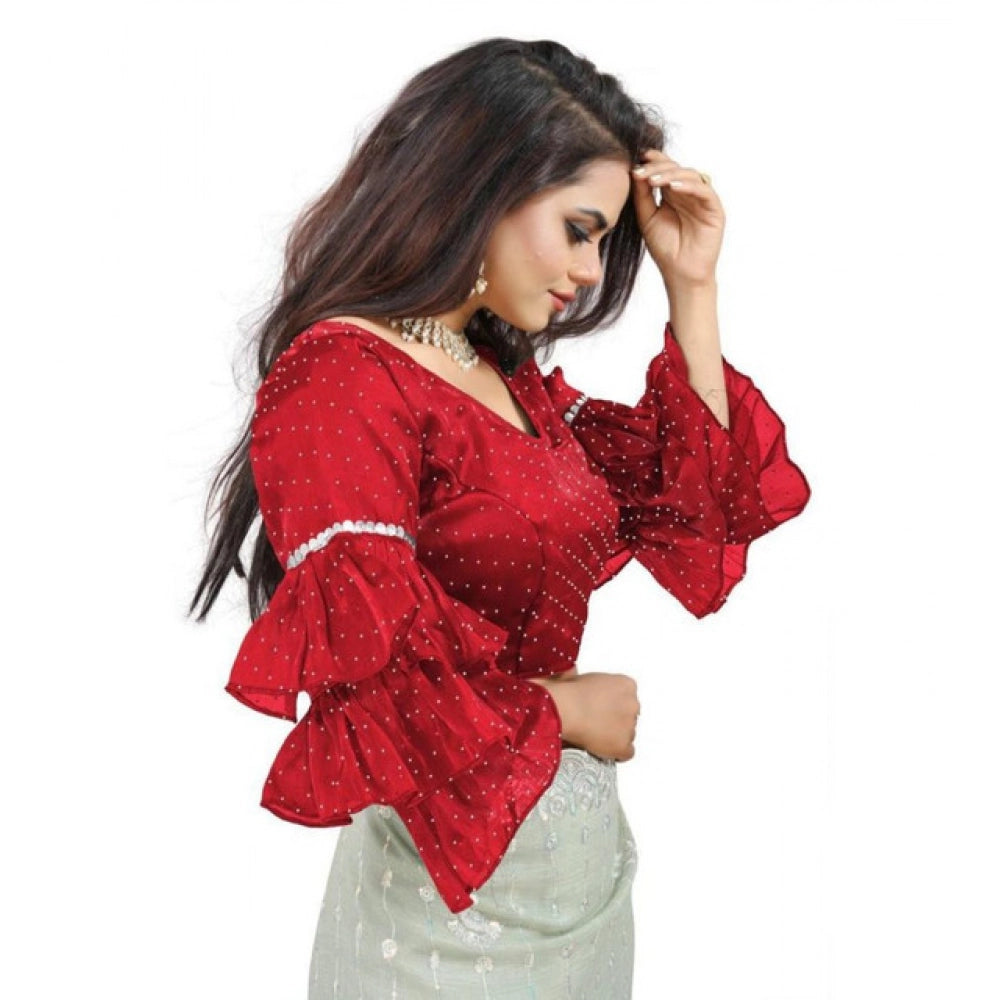 Generic Women's Organza Solid V Neck Layered Ruffle Sleeve Readymade Blouse (Red Free Size , up to 38â€“40 Bust)-PID65858