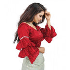 Generic Women's Organza Solid V Neck Layered Ruffle Sleeve Readymade Blouse (Red Free Size , up to 38â€“40 Bust)-PID65858
