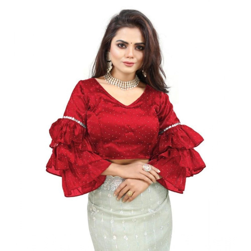Generic Women's Organza Solid V Neck Layered Ruffle Sleeve Readymade Blouse (Red Free Size , up to 38â€“40 Bust)-PID65858