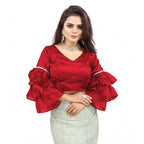 Generic Women's Organza Solid V Neck Layered Ruffle Sleeve Readymade Blouse (Red Free Size , up to 38â€“40 Bust)-PID65858